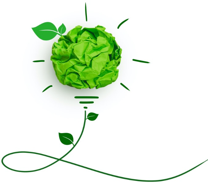 green crumpled paper light bulb on white background